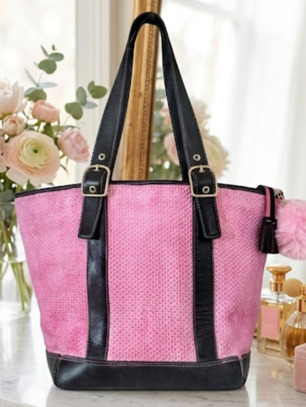Vintage Coach Cabana  Straw Woven Style #8908 In Pink Ombre Wash Tote Bag